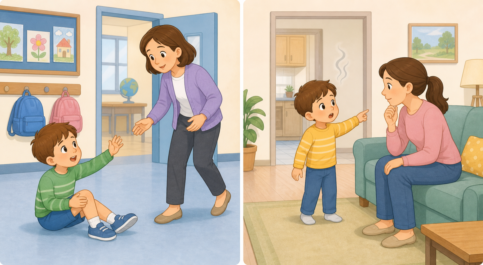 Okulda öğretmeninden ve evde aile büyüğünden yardım isteyen çocuk