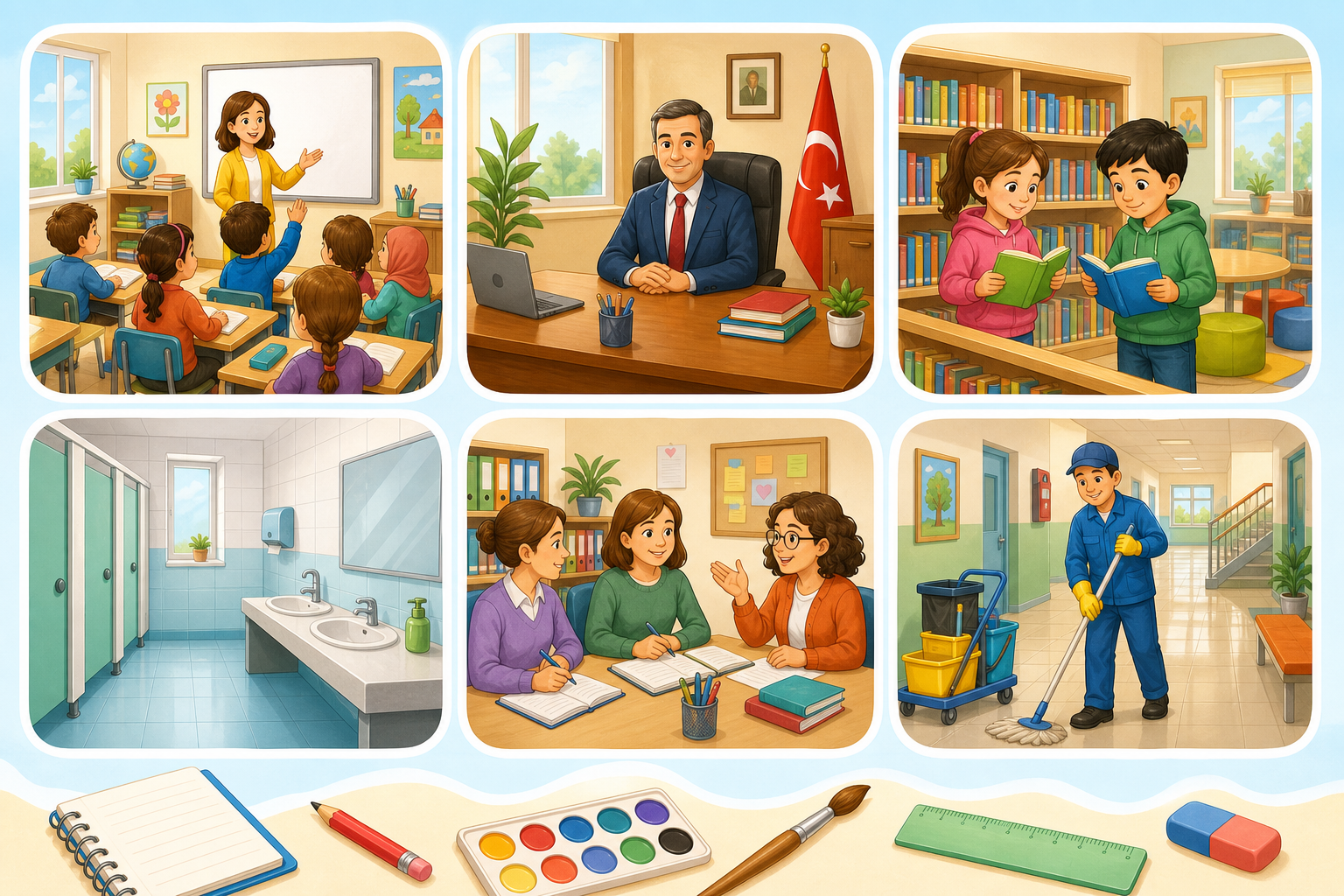 Sınıf, müdür odası, kütüphane, tuvalet, öğretmenler odası ve okul çalışanlarını gösteren okul bölümleri