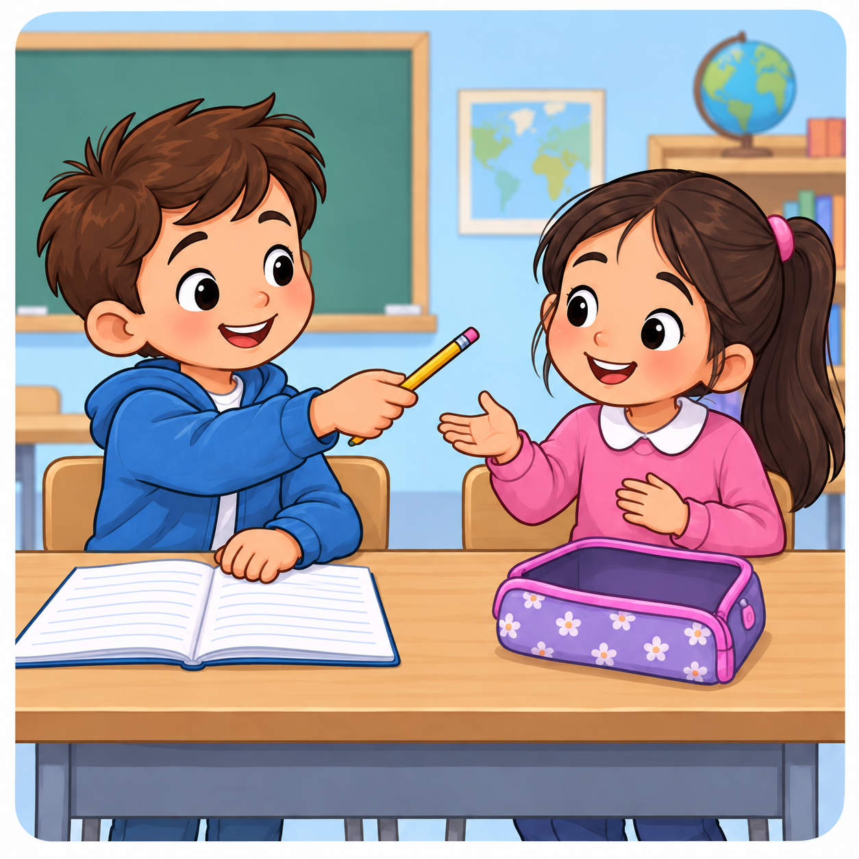 Yedek kalemini arkadaşına veren çocuk.