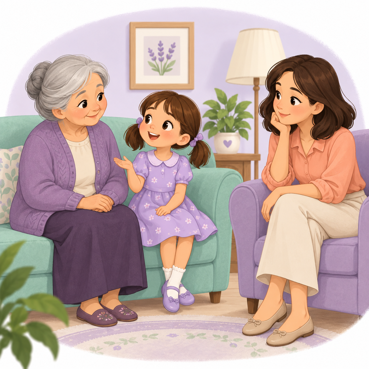 Annesi ve büyükannesi tarafından ilgiyle dinlenen çocuk.