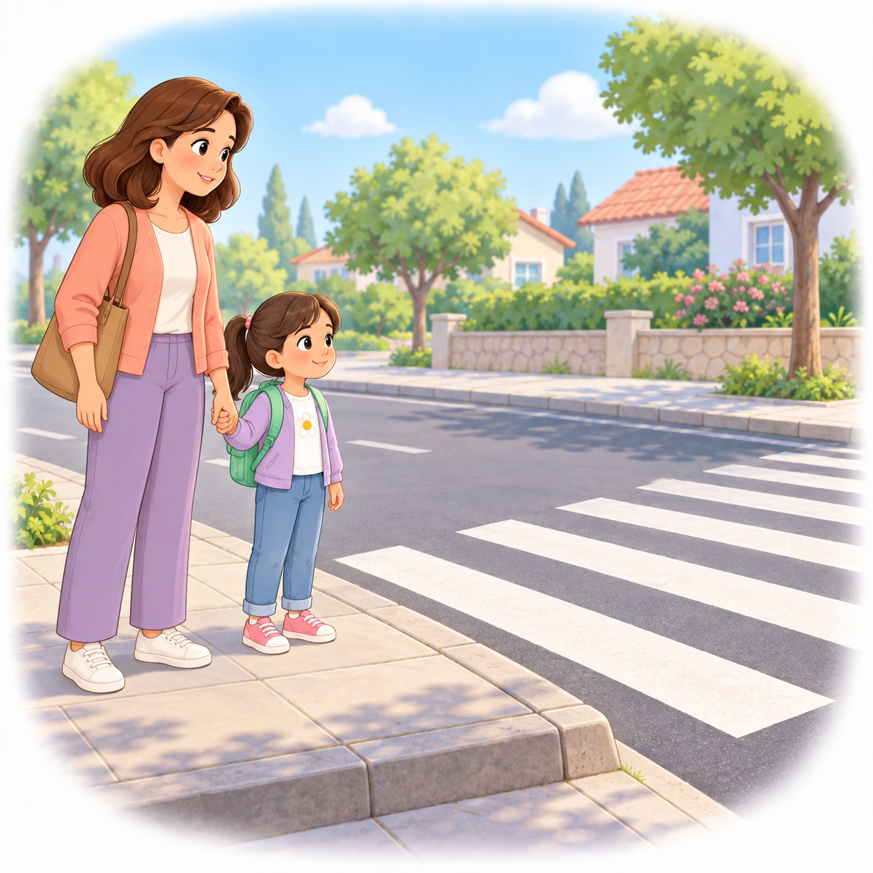 Yaya geçidinden geçmeden önce kaldırımda durup yolu kontrol eden anne ve çocuk.