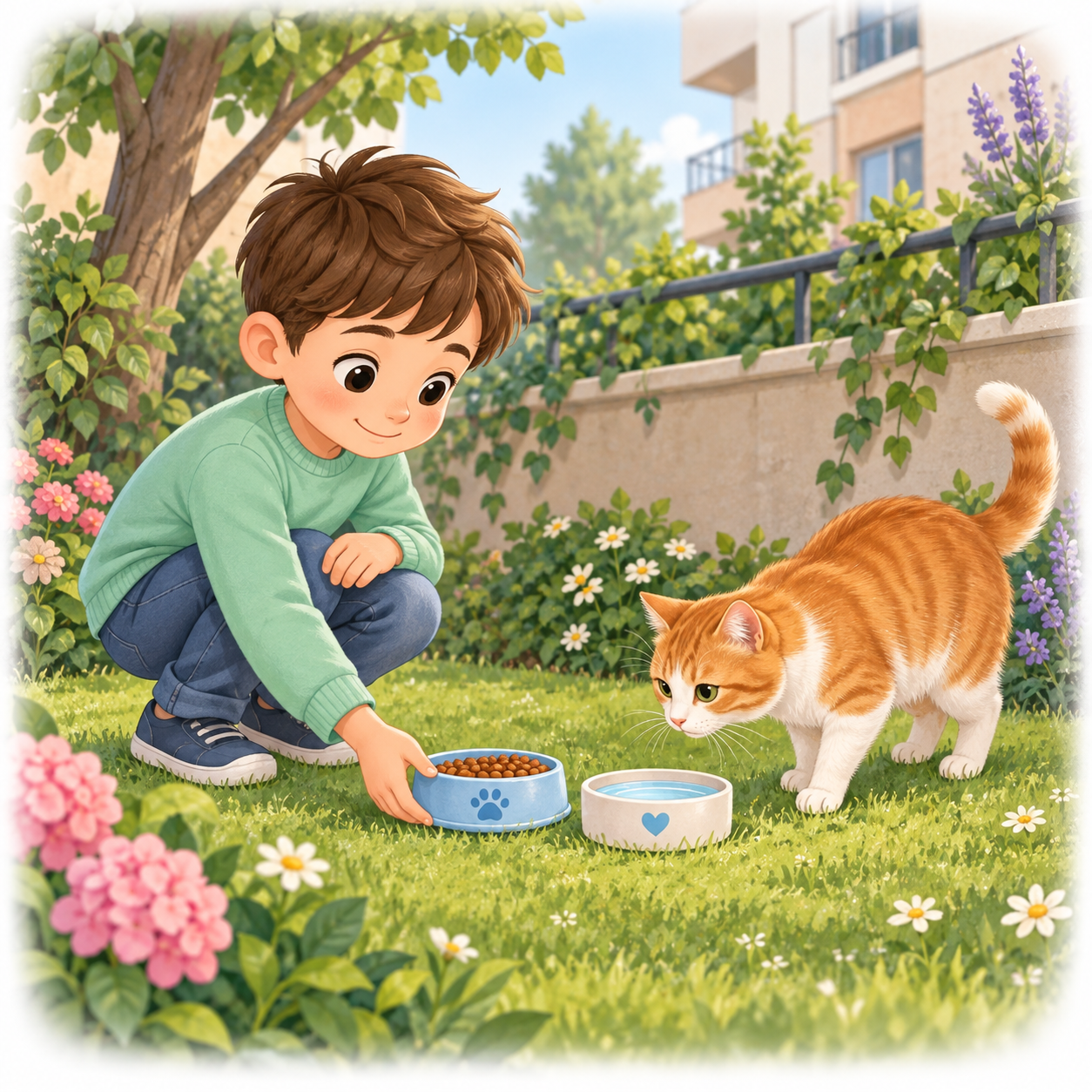 Bahçedeki kedi için mama kabı bırakan çocuk ve yanında su kabı.