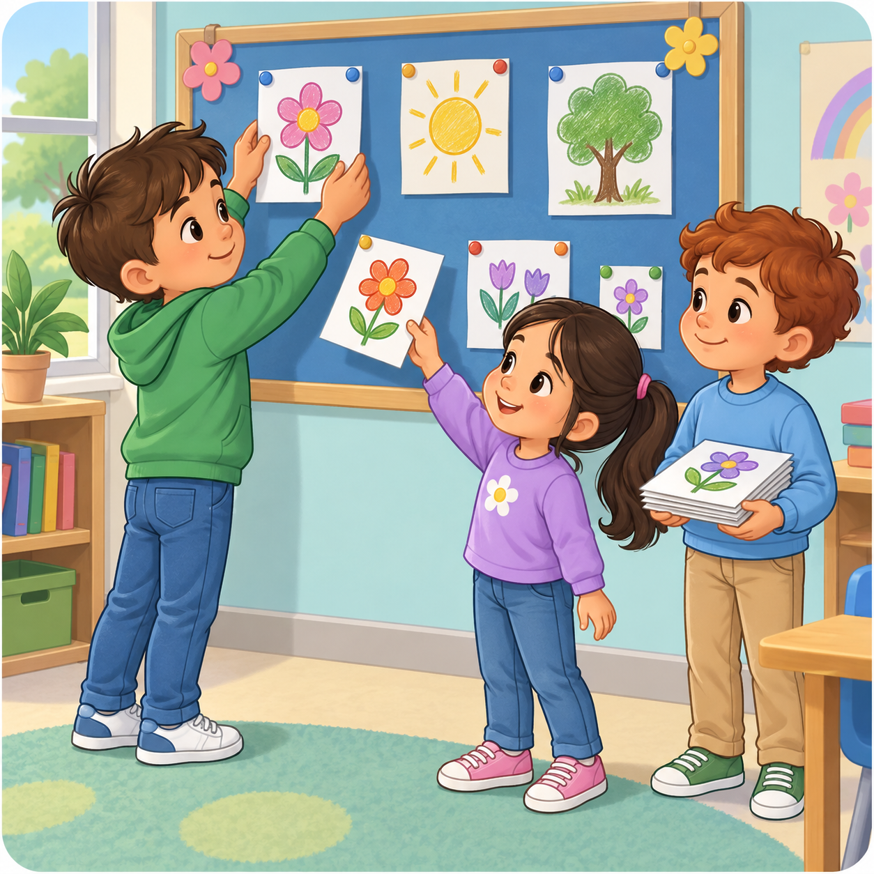 Birlikte aldıkları karar doğrultusunda sınıf panosunu hazırlayan çocuklar.