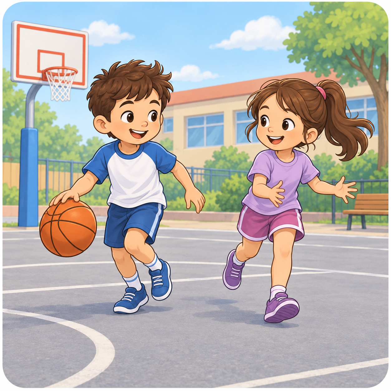 Okul bahçesinde basketbol oynayan iki çocuk.