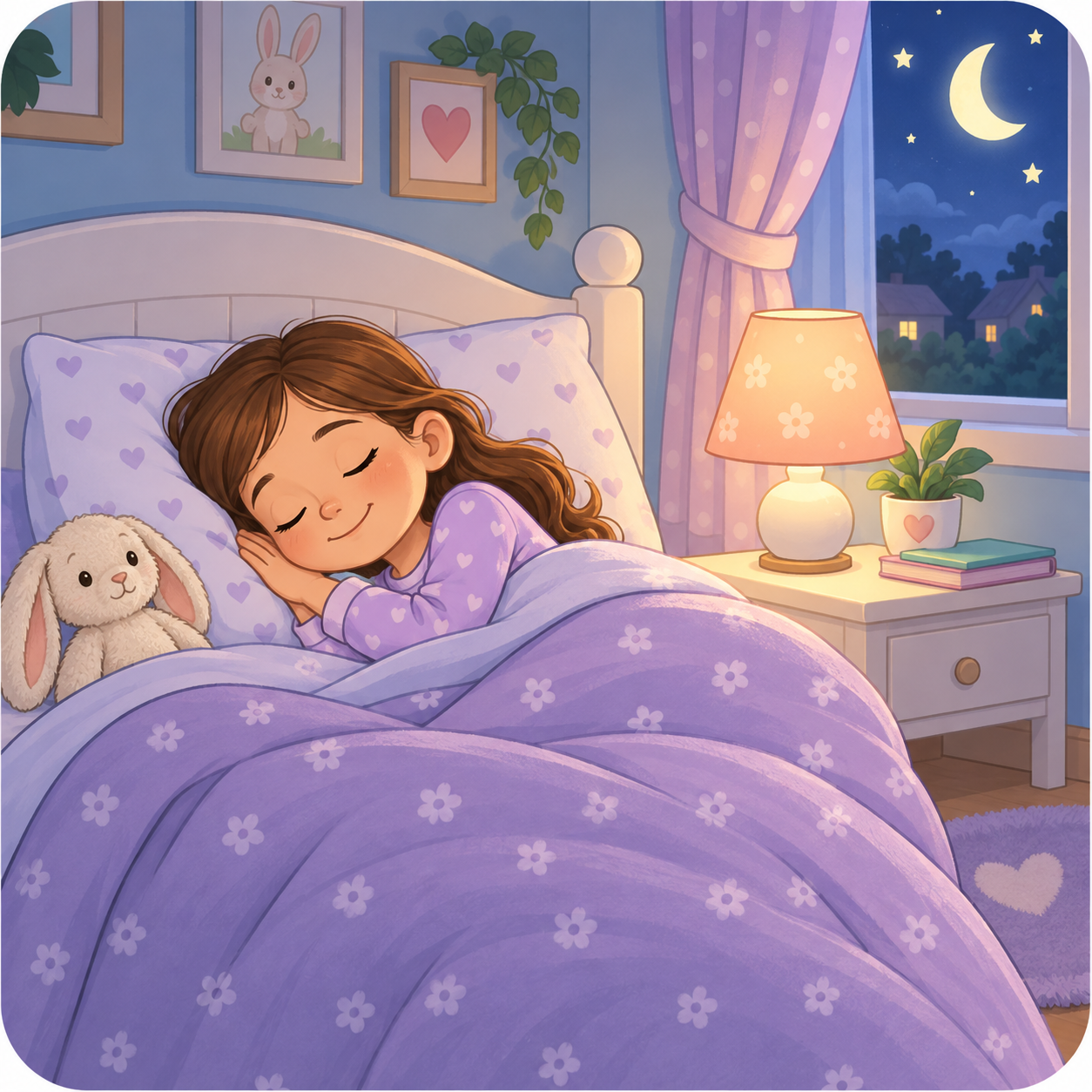 Gece yatağında huzurla uyuyan çocuk.