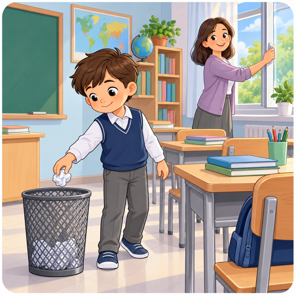 Kâğıdı çöp kutusuna atan öğrenci ve sınıfı havalandıran öğretmen.