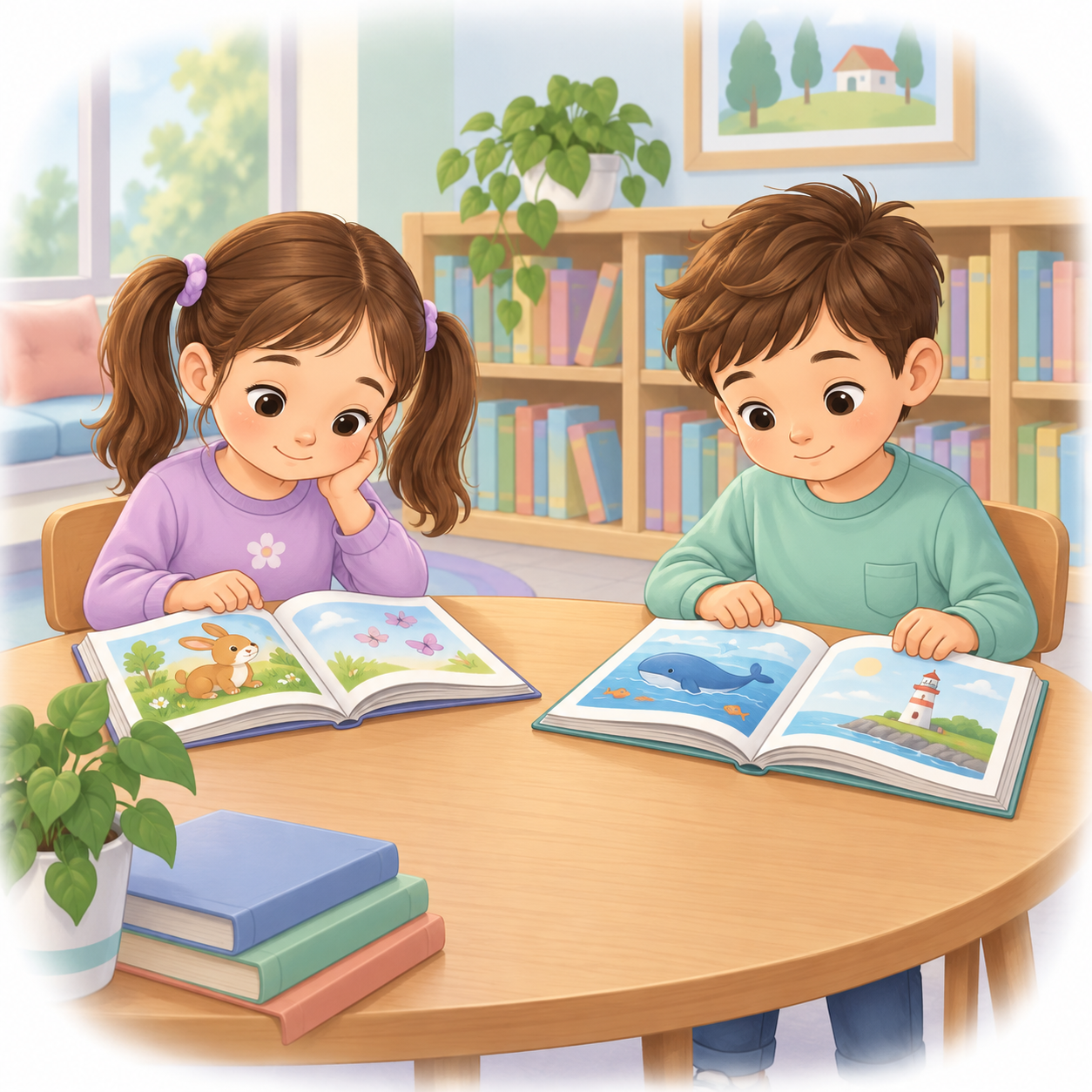 Kütüphanede birbirini rahatsız etmeden sessizce kitap okuyan iki çocuk.