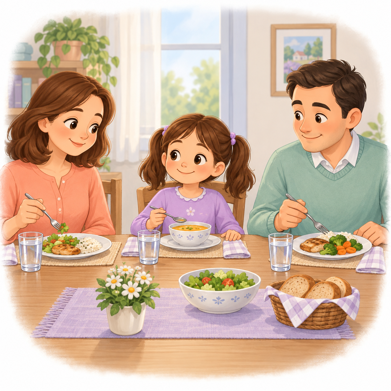 Ailesiyle sofrada oturup kaşık, çatal ve peçete kullanarak yemek yiyen çocuk.