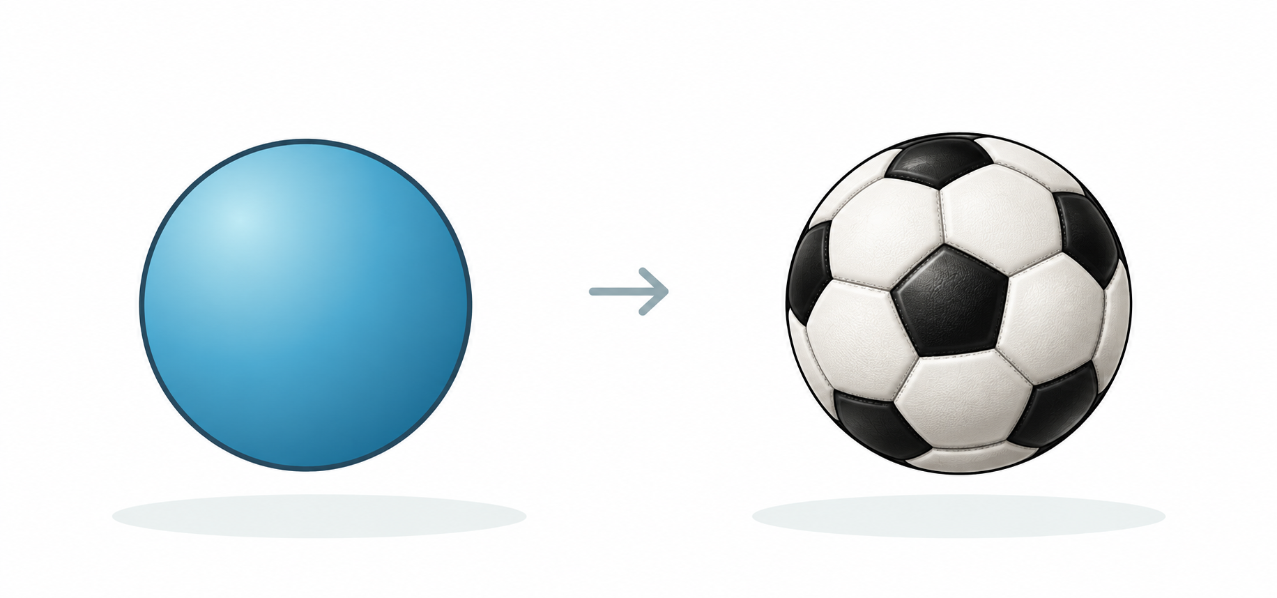 Solda mavi küre, sağda siyah beyaz desenli futbol topu.