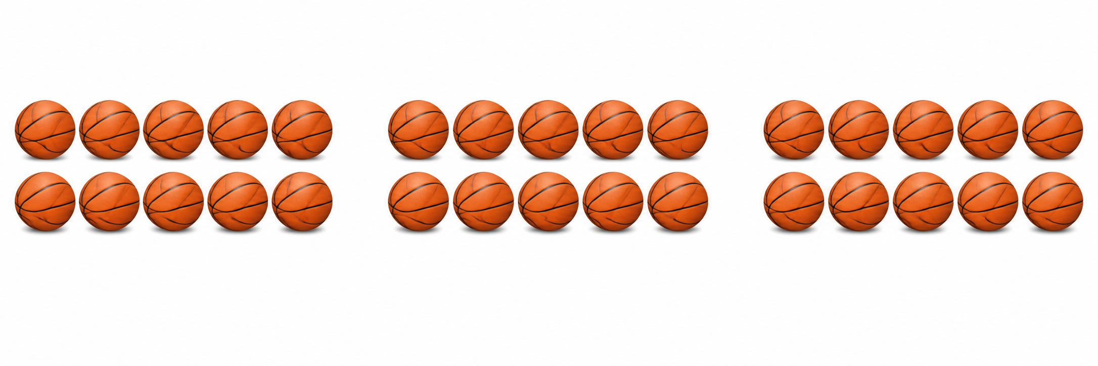 Yan yana üç ayrı grup; her grupta iki sırada beşer basketbol topu, toplam otuz top.