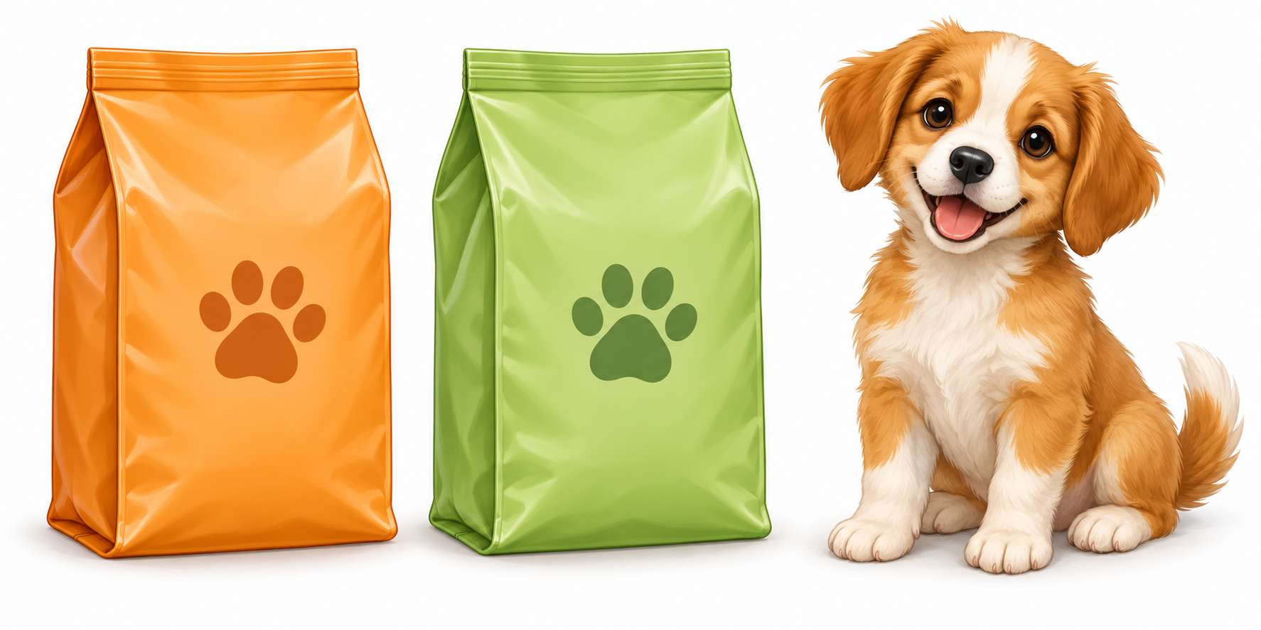 Yan yana iki mama paketi ve bir köpek.