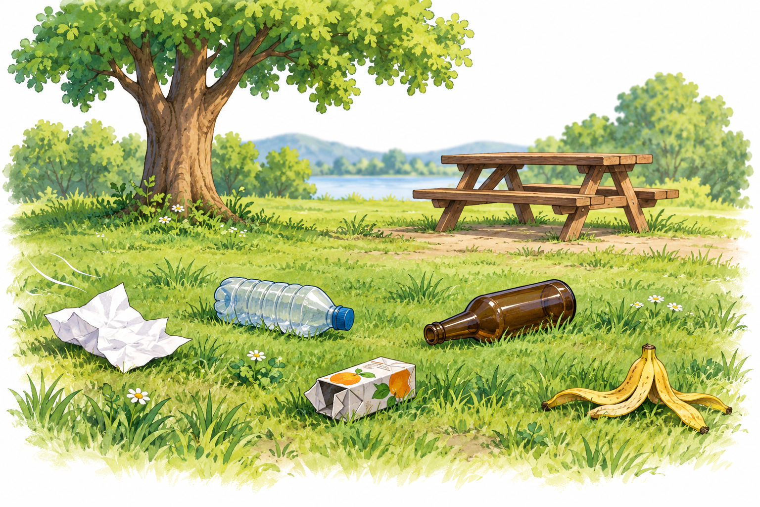 Piknik alanındaki çimenlere bırakılmış plastik ve cam şişeler, kâğıt, içecek kutusu ve muz kabuğu.