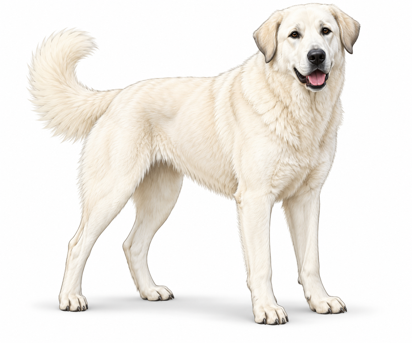 Dört ayağı üzerinde duran beyaz tüylü Türk çoban köpeği Akbaş.