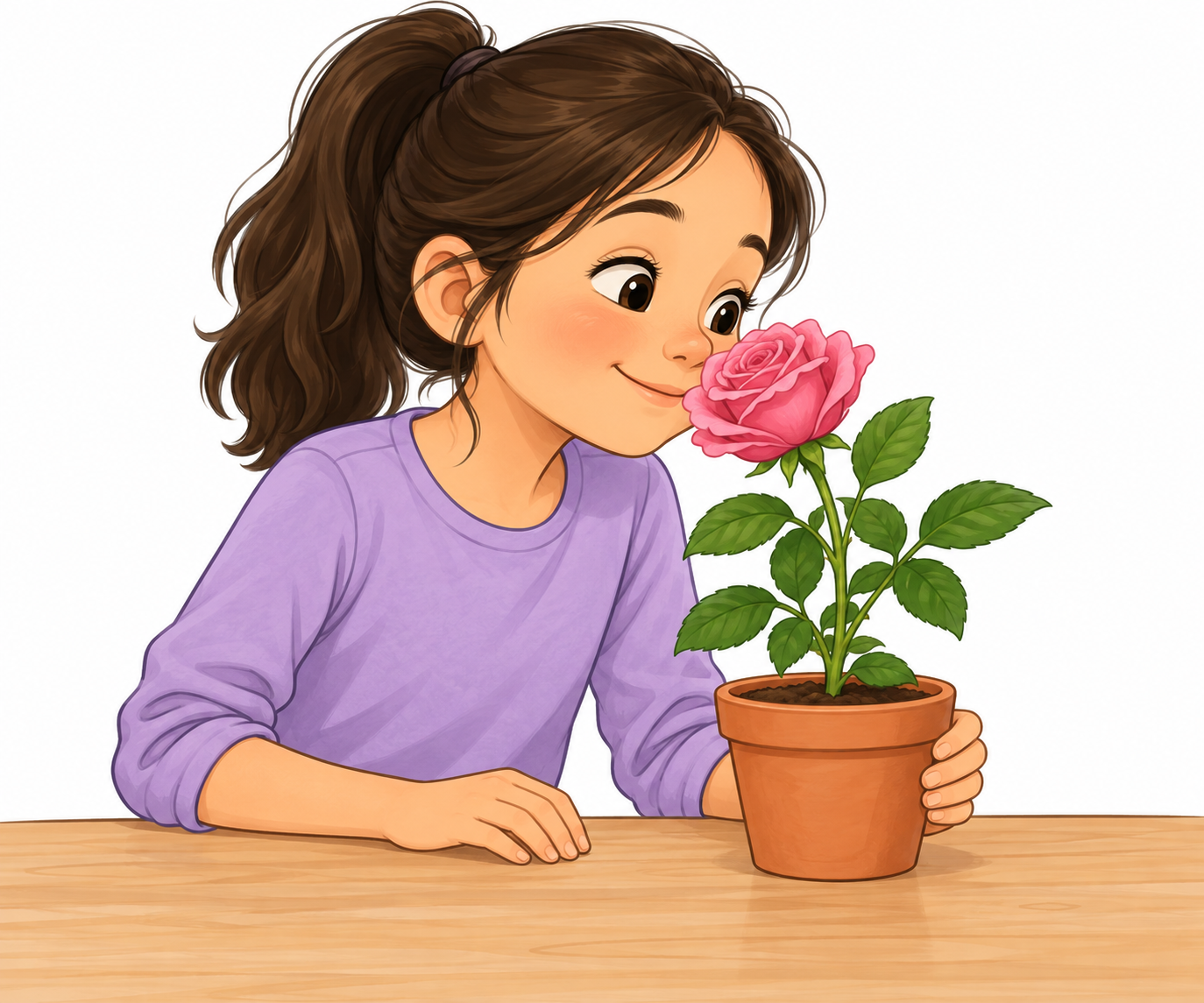 Saksıdaki pembe çiçeğin kokusunu alan çocuk.