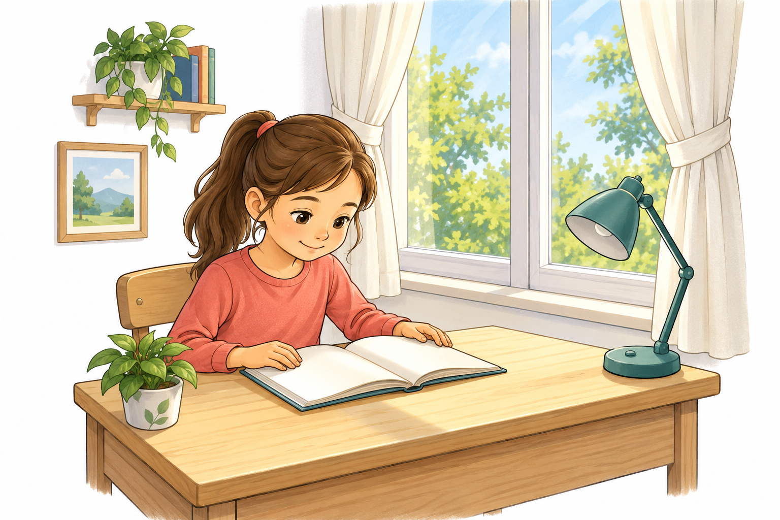 Gün ışığının yeterli olduğu bir masada, lamba yakmadan kitap okuyan çocuk.