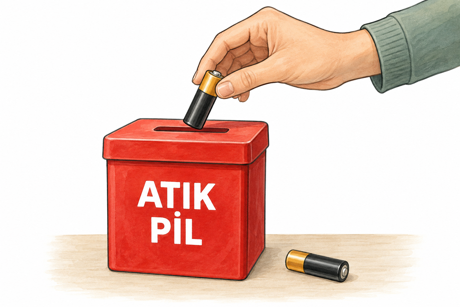 Bir yetişkin, dış yüzeyi sağlam olan kullanılmış pili atık pil kutusuna bırakıyor.