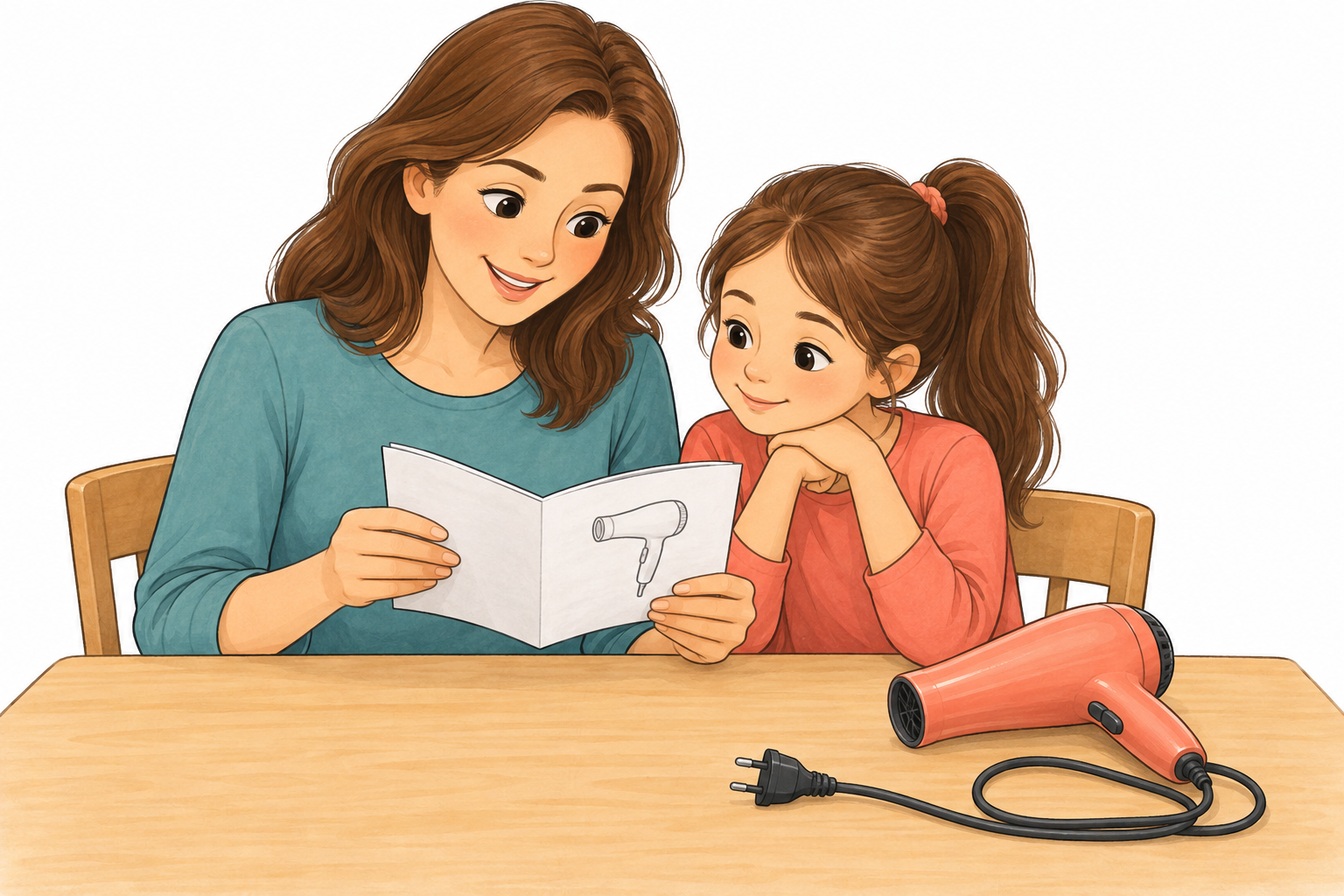 Bir anne ve çocuğu, fişi çekilmiş saç kurutma makinesinin kullanma kılavuzunu birlikte inceliyor.