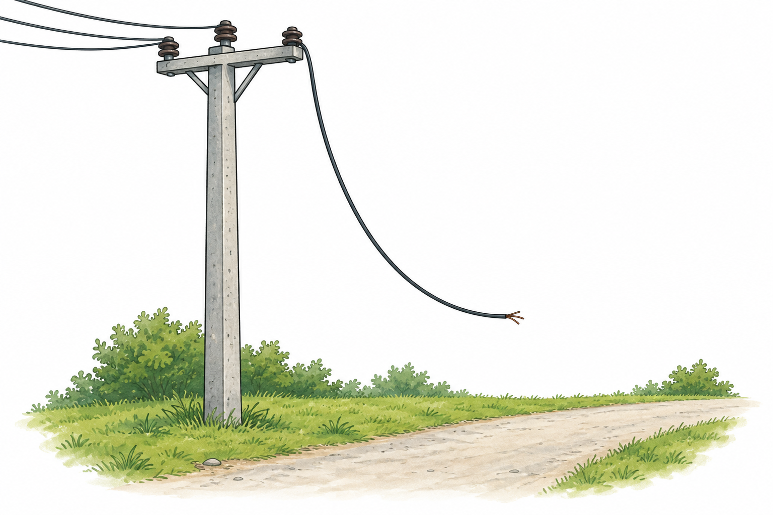 Elektrik direğinden aşağı sarkan, yaklaşılmaması gereken kopmuş bir kablo.