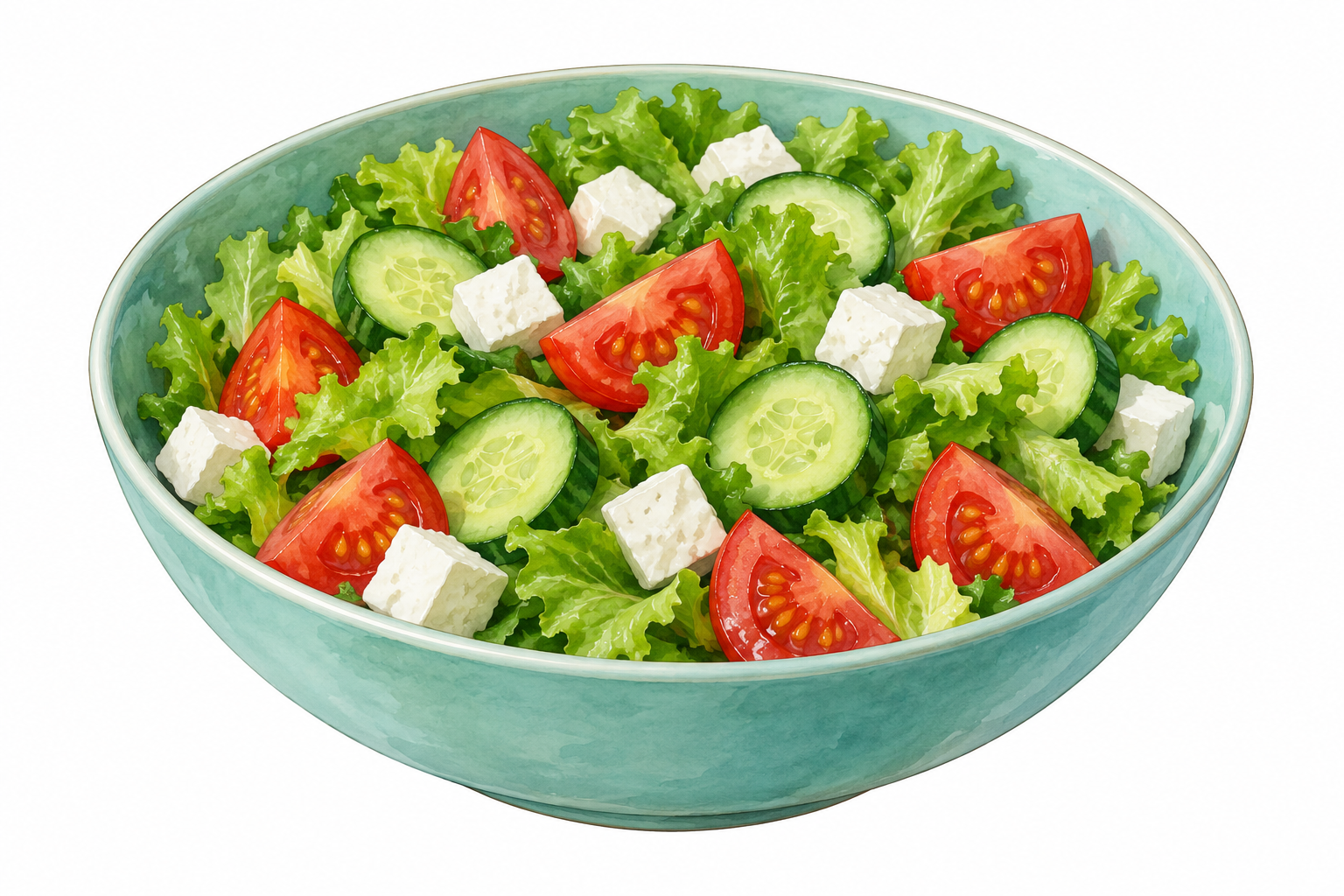Salatada domates, salatalık, marul ve peynir parçaları ayrı ayrı seçiliyor.