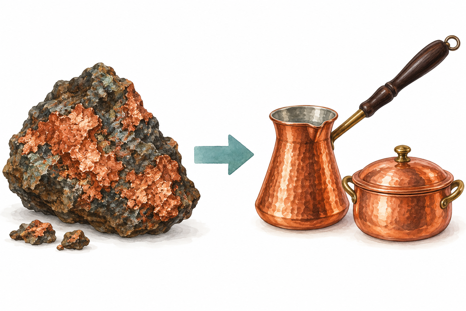 Bakır içeren doğal bir örnek ve bakırdan yapılmış cezve ile tencere.