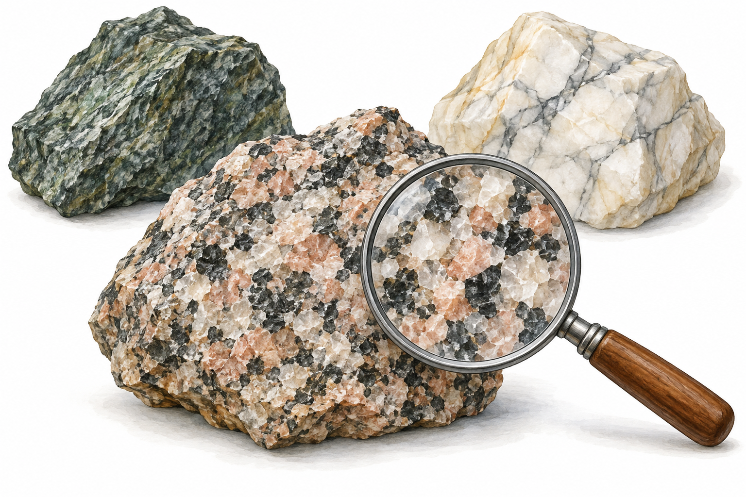 Farklı renk ve dokudaki kayaçlar; büyüteç altında belirginleşen açık ve koyu mineral taneleri.