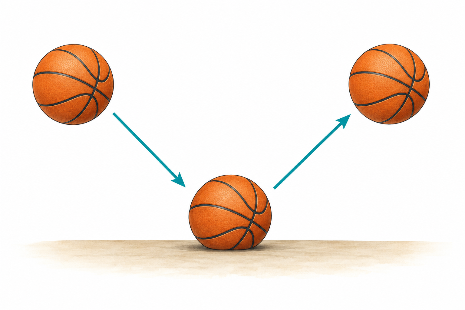 Aynı basketbol topunun yere doğru ilerleyişi, yere çarpması ve yukarı sekmesi; oklar yön değişimini gösteriyor.