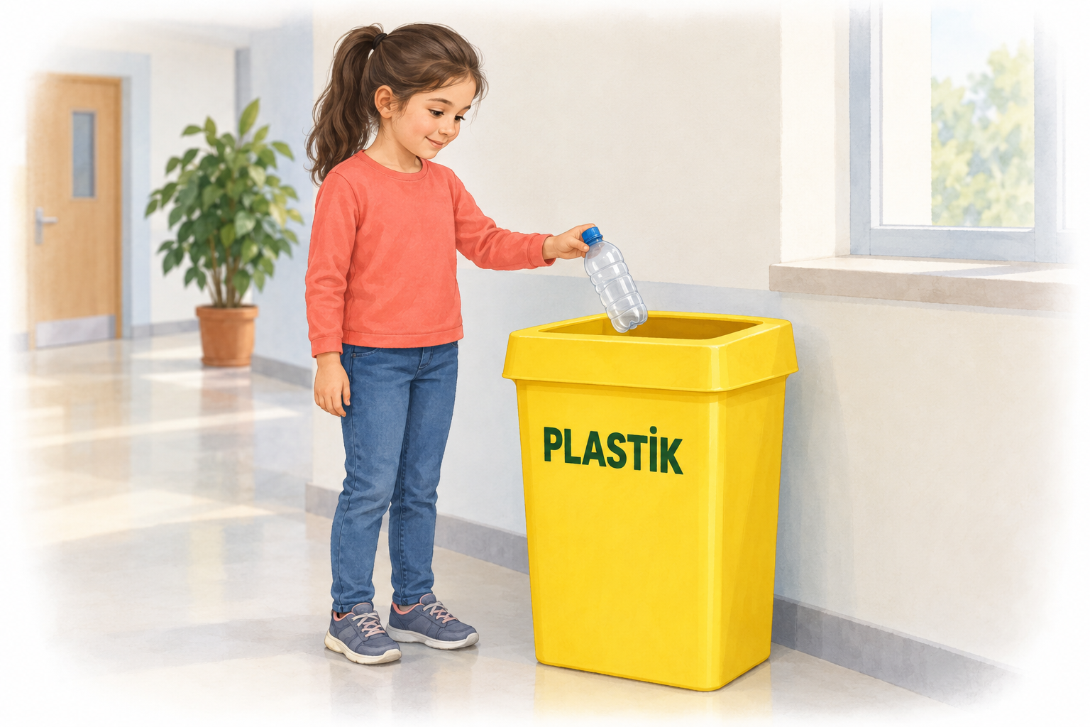 Bir öğrenci boş plastik şişeyi üzerinde PLASTİK yazan sarı toplama kutusuna bırakıyor.