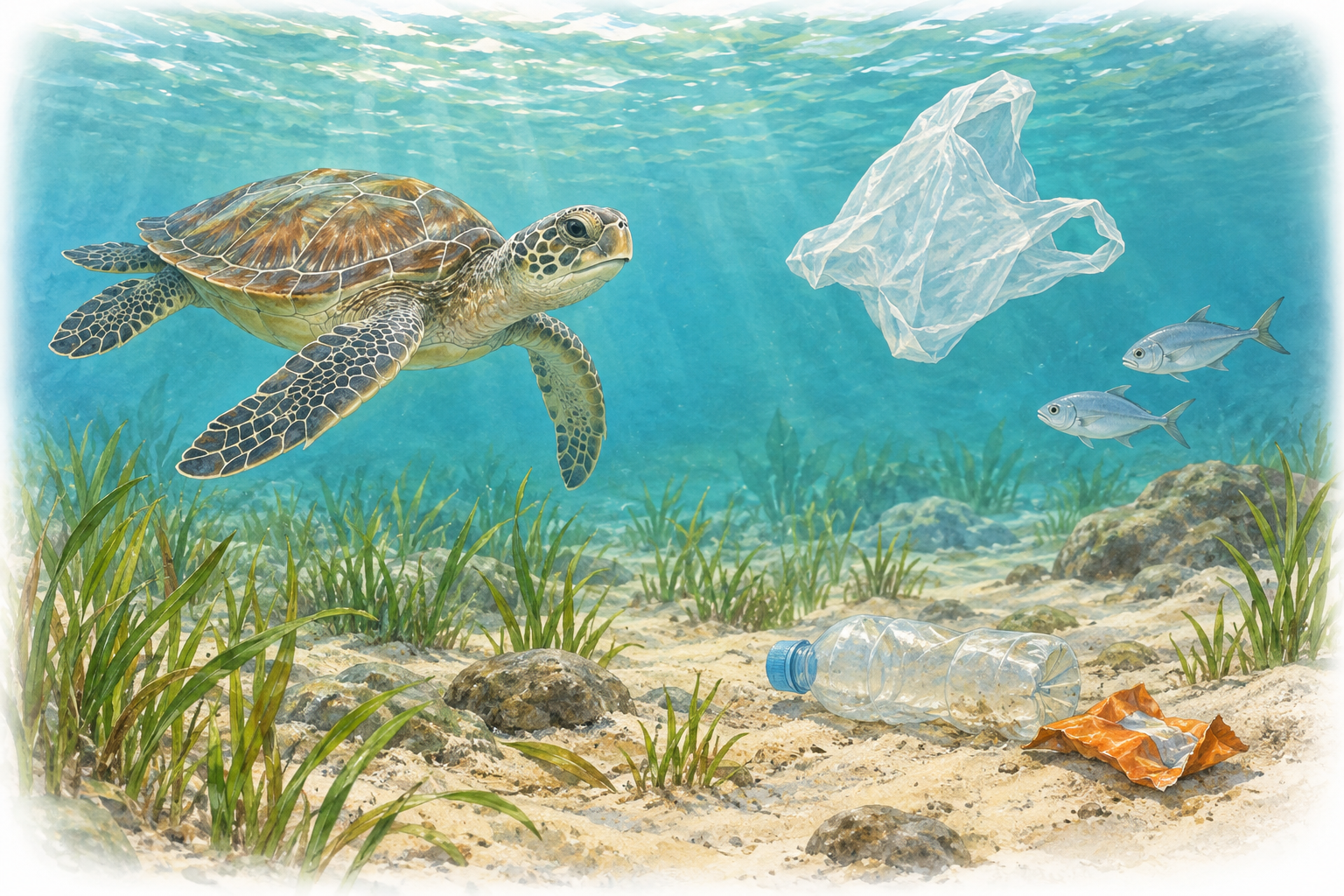 Denizde yüzen kaplumbağa ve balıkların yaşam alanında atılmış plastik şişe, poşet ve ambalaj bulunuyor.