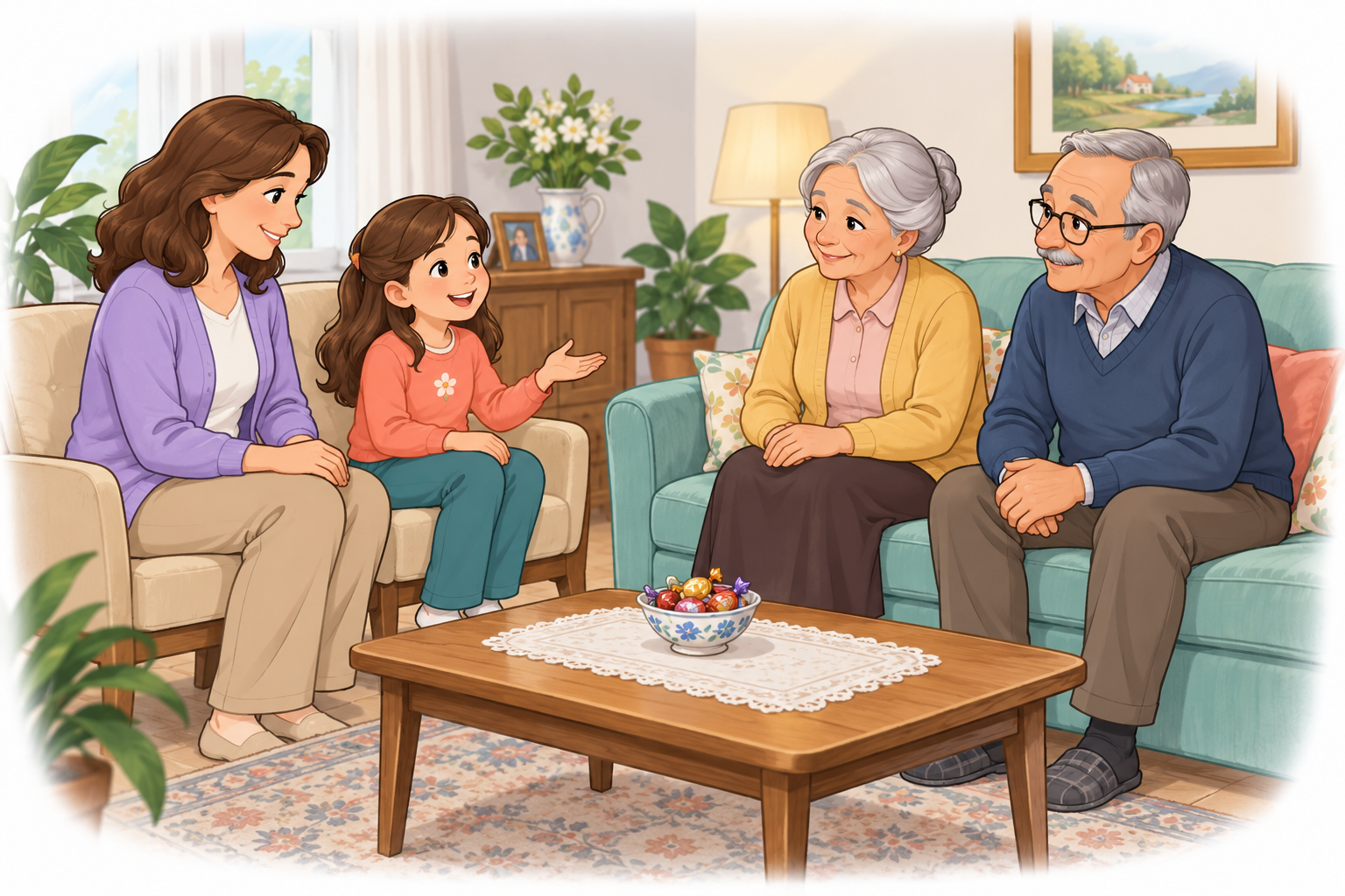 Bir çocuk ve annesi, bayram ziyaretinde aile büyükleriyle sohbet ediyor.