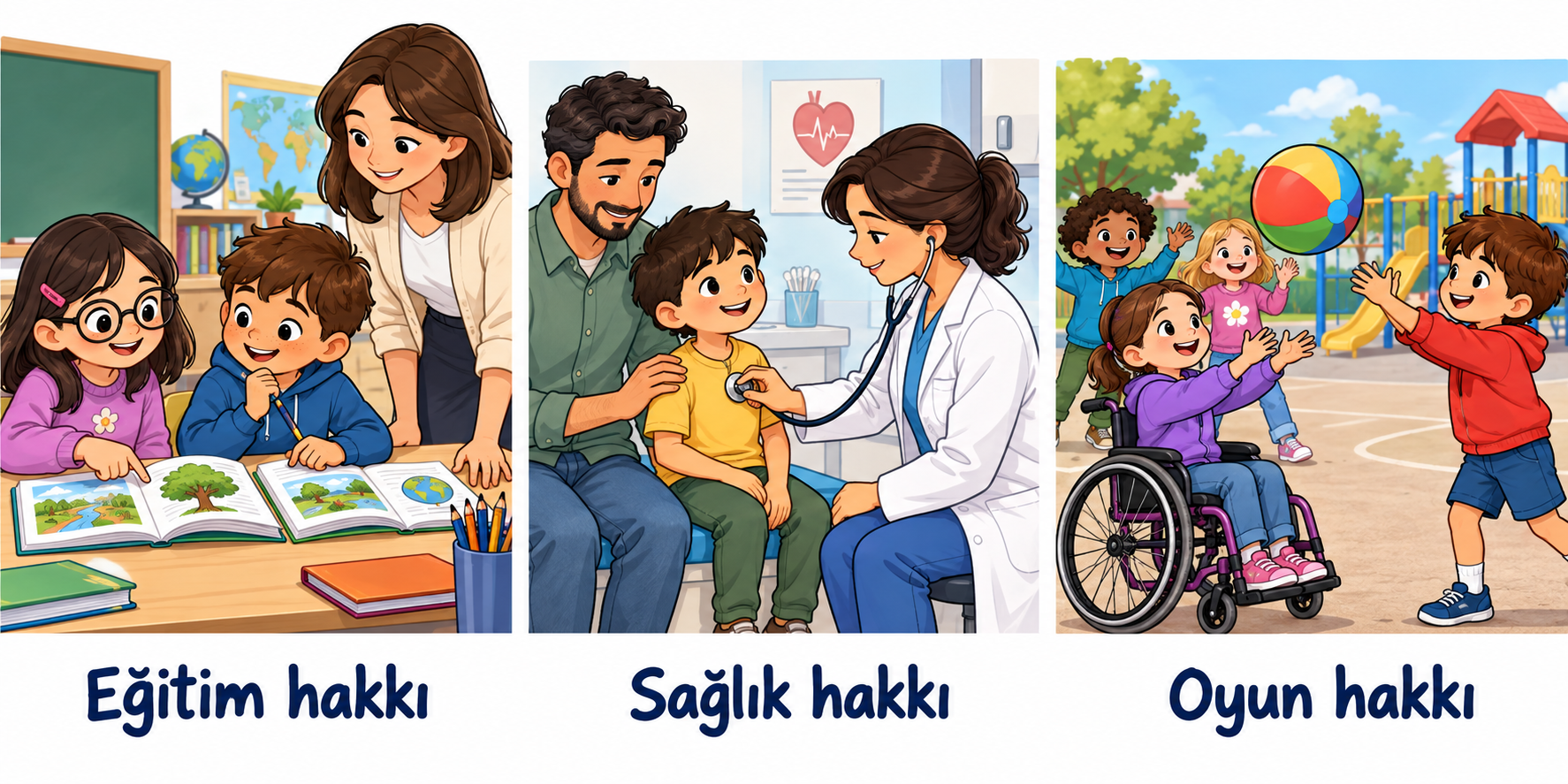 Çocuklar okulda öğreniyor, doktor kontrolünde sağlık hizmeti alıyor ve birlikte oyun oynuyor.