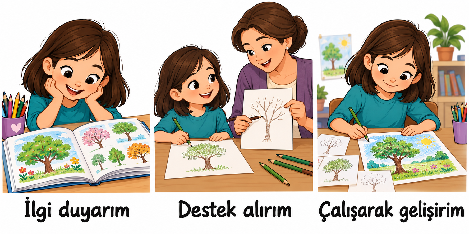 Resme ilgi duyan bir çocuk, öğretmeninden destek alıyor ve çizim yaparak kendini geliştiriyor.