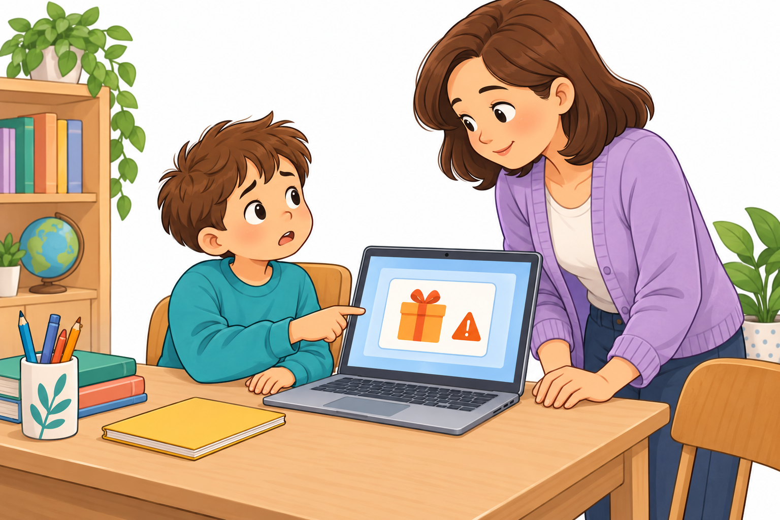 Bir çocuk internette karşılaştığı şüpheli hediye mesajını annesine göstererek yardım istiyor.