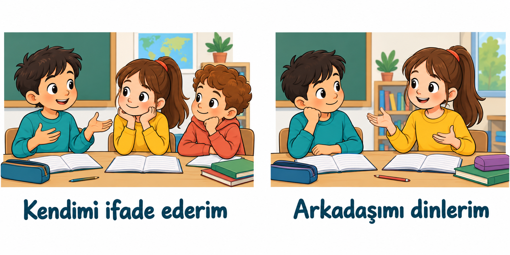 Bir öğrenci düşüncesini paylaşırken arkadaşları dinliyor; ardından diğer öğrenci konuşuyor ve arkadaşı onu dinliyor.
