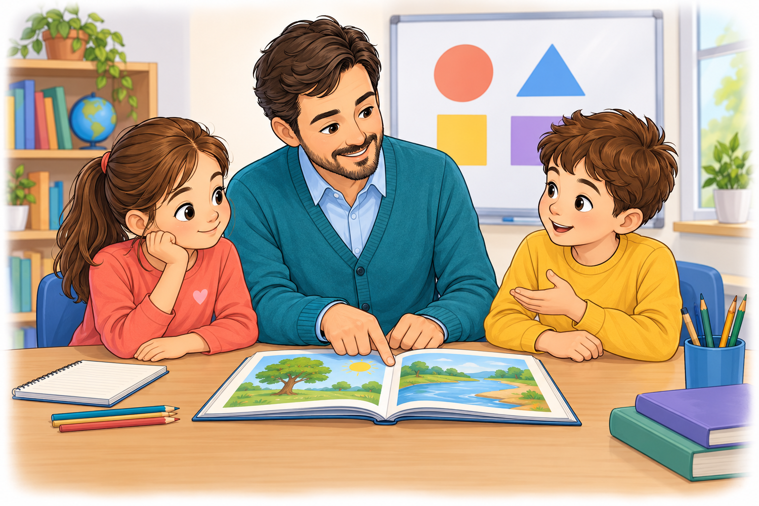 Sınıfta iki öğrencinin öğrenmesine rehberlik eden öğretmen.