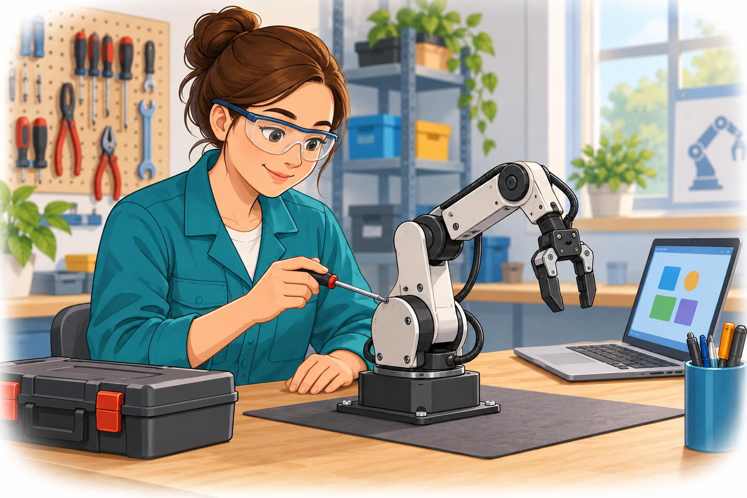 Çalışma tezgâhındaki küçük bir robot kolunu kontrol eden robot teknisyeni.
