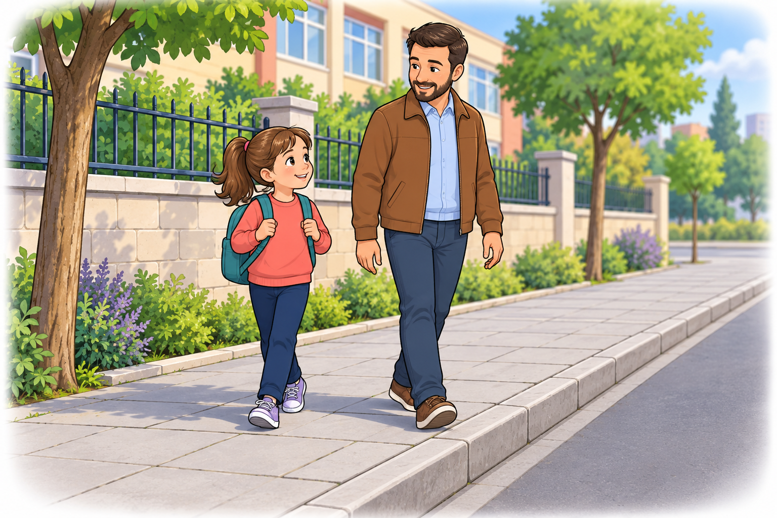 Bir çocuk ve babası taşıt yoluna çıkmadan kaldırımda yürüyor.