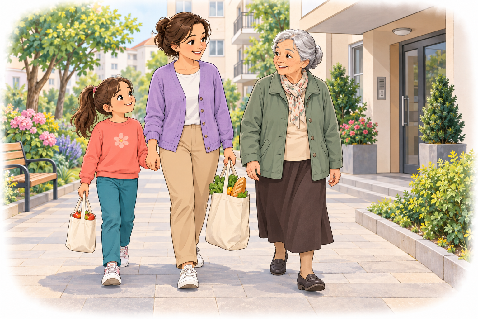Annesiyle birlikte yaşlı komşusunun alışveriş poşetlerini taşımasına yardımcı olan çocuk.