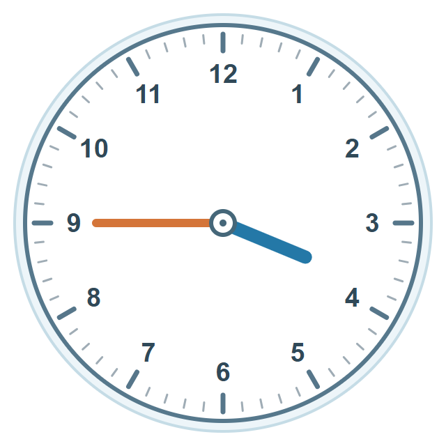 Akrep 3 ile 4 arasında ve 4’e yakın, yelkovan 9’dadır; saat 03.45.