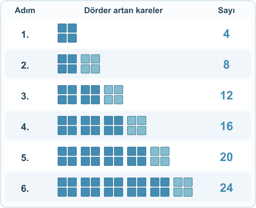 Altı adımda kare sayıları 4, 8, 12, 16, 20 ve 24’tür. Her yeni adımda bir dörtlü kare grubu eklenir.