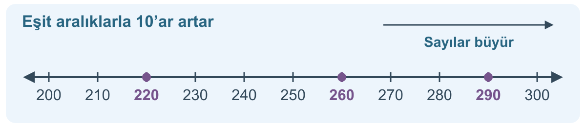 200 ile 300 arasında onar artan sayı doğrusu. 220, 260 ve 290 noktaları işaretlenmiştir; sağa doğru sayılar büyür.