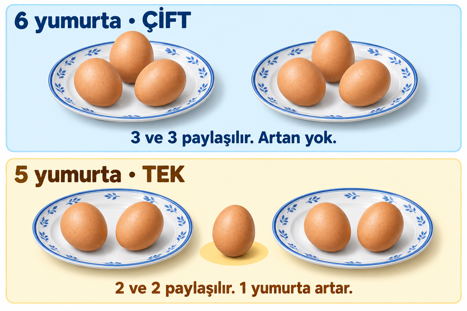 Üstte 6 yumurta iki tabakta üçer tane paylaşılmıştır ve artan yoktur. Altta 5 yumurtanın ikişer tanesi iki tabağa konmuştur; ortada 1 yumurta artmıştır.