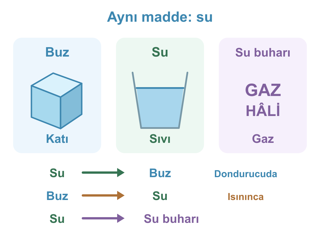 Buz katı, su sıvı, su buharı gaz hâlindedir. Oklar suyun buza, buzun suya ve suyun su buharına dönüşmesini gösteriyor.