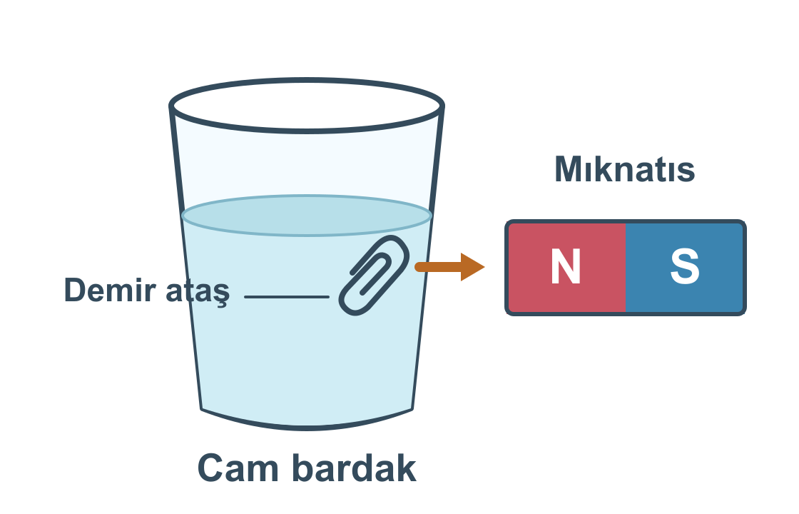 Cam bardağın dışındaki mıknatıs, suyun içindeki demir ataşı kendine doğru çeker; mıknatıs ataşa değmez.