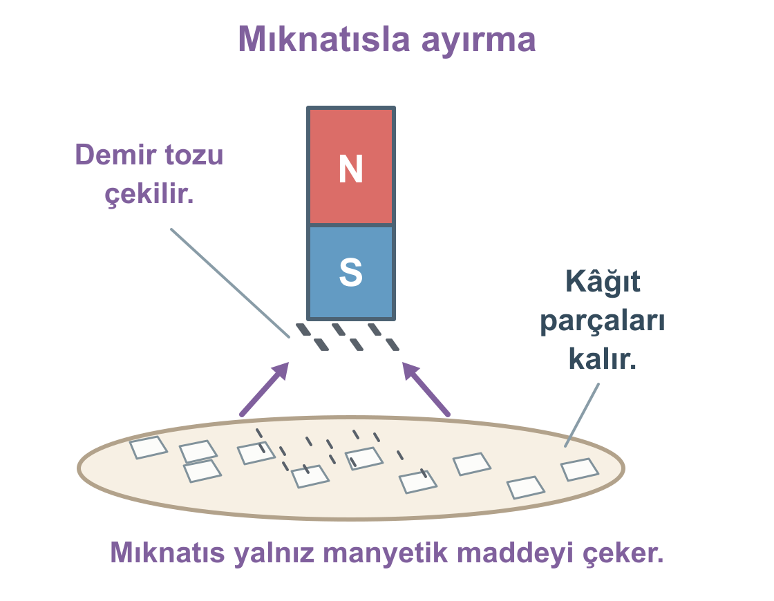 Mıknatıs demir tozunu çeker, kâğıt parçaları tabakta kalır.