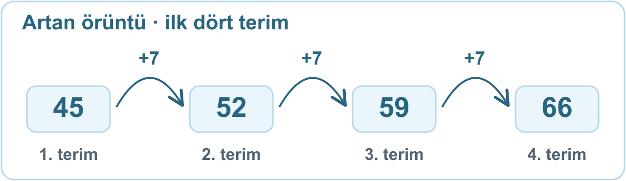 İlk dört terim: 1. terim 45, 2. terim 52, 3. terim 59 ve 4. terim 66. Her geçişte 7 eklenir.