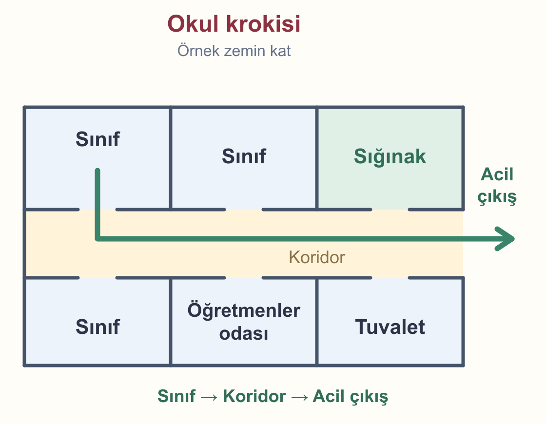 Örnek okul katı krokisinde sınıflar, öğretmenler odası, tuvalet ve sığınak; sınıftan kapı açıklığıyla koridora çıkan ve sağdaki acil çıkışa uzanan yeşil yön oku.
