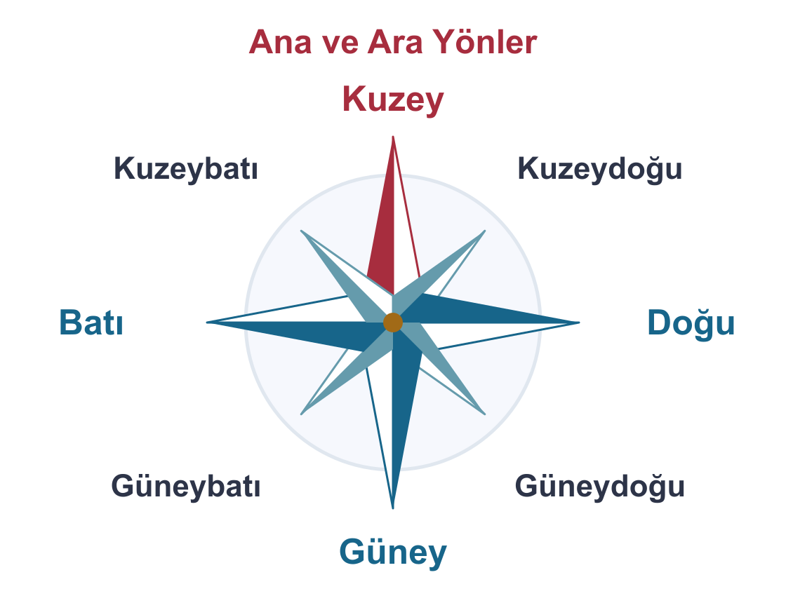 Kuzey üstte, güney altta, doğu sağda ve batı solda; aralarındaki dört ara yönün doğru yerlerinde gösterildiği yön gülü.