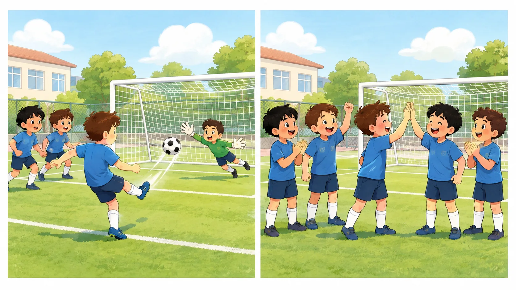 Çocukların futbol oynaması ve golün ardından takım olarak sevinmesi