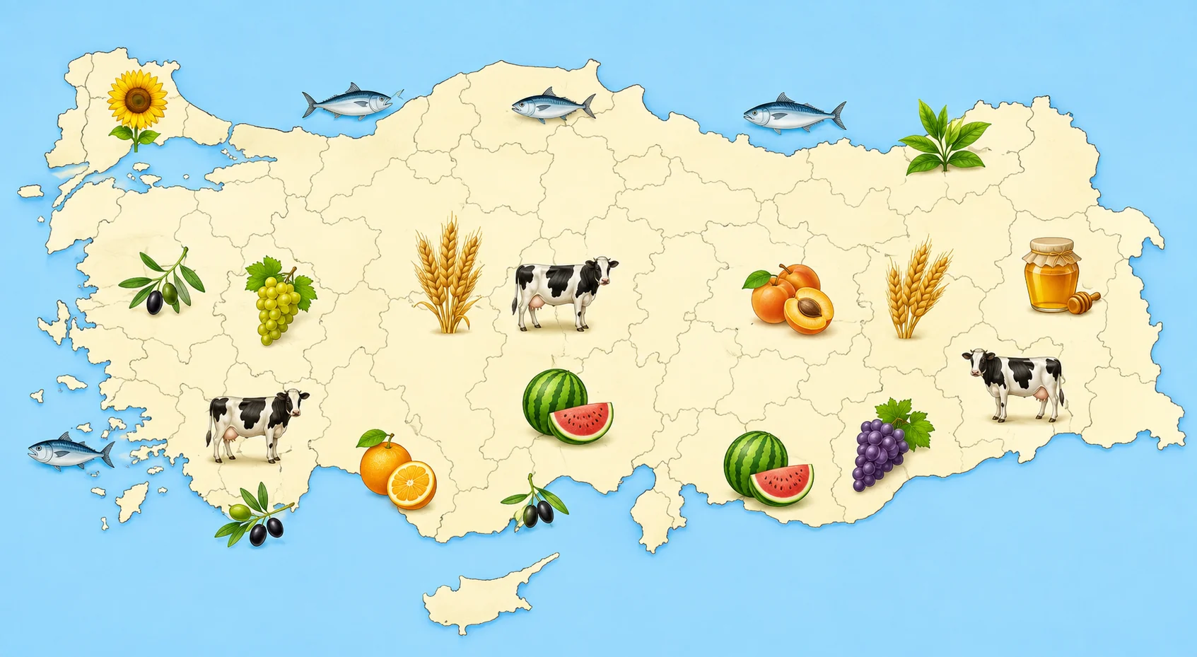 Türkiye haritası üzerinde ayçiçeği, balık, çay, bal, buğday, hayvancılık, kayısı, karpuz, üzüm, zeytin ve portakal ürünlerinin dağılımı